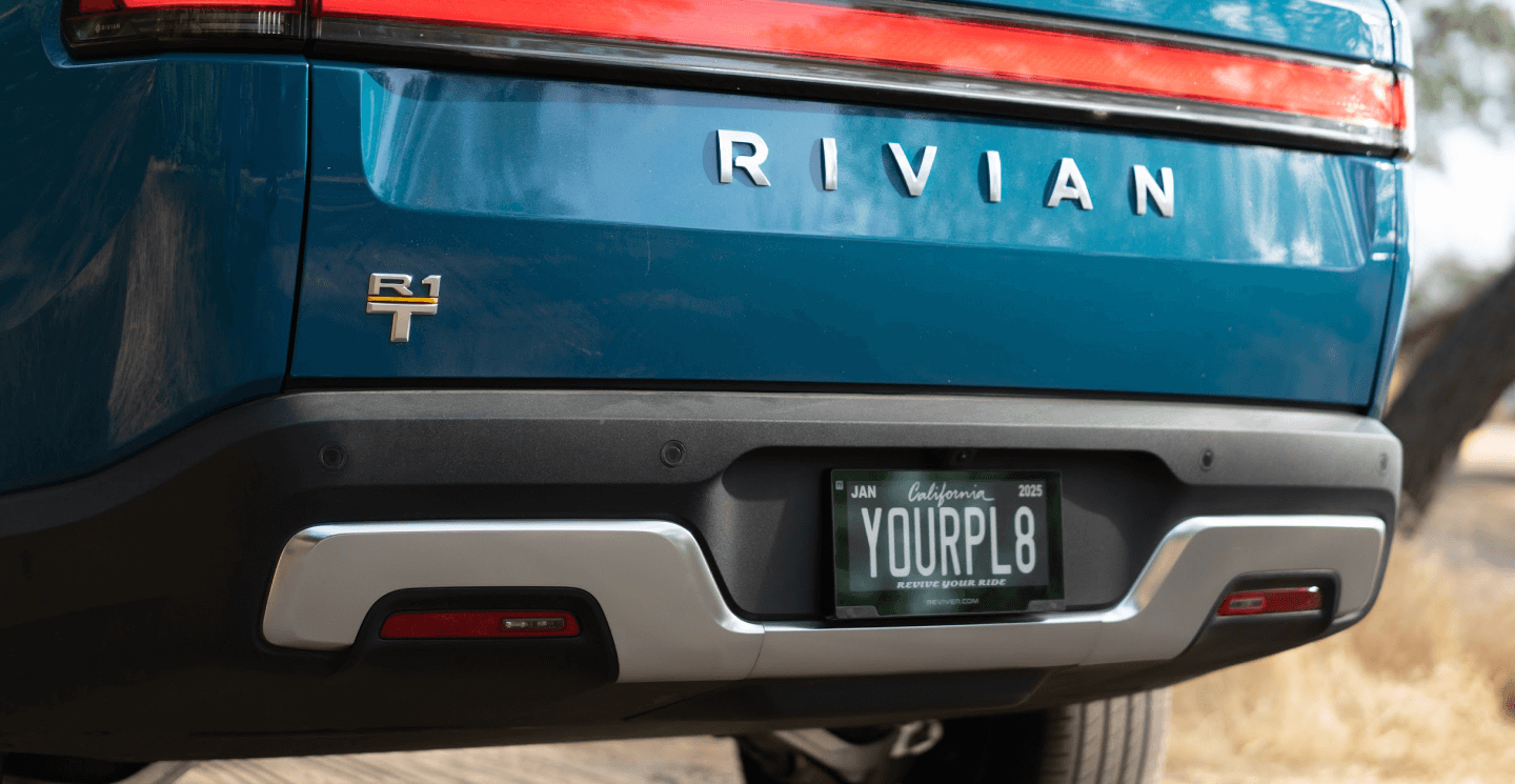 Rivian R1T with a Reviver RPlate at the rear