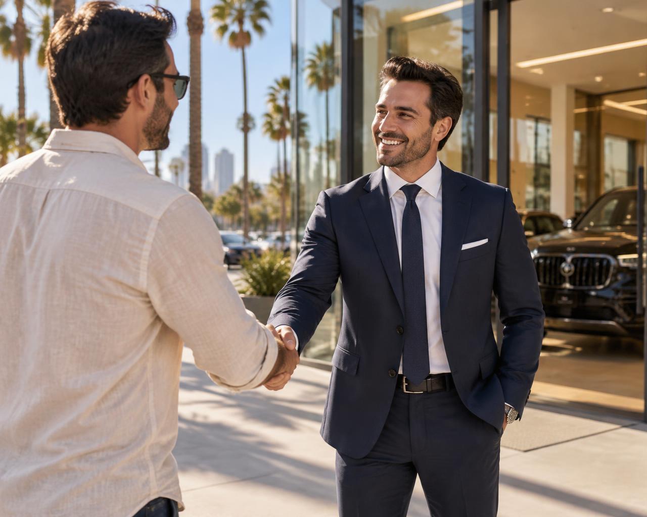 Auto broker greeting a client outside the showroom