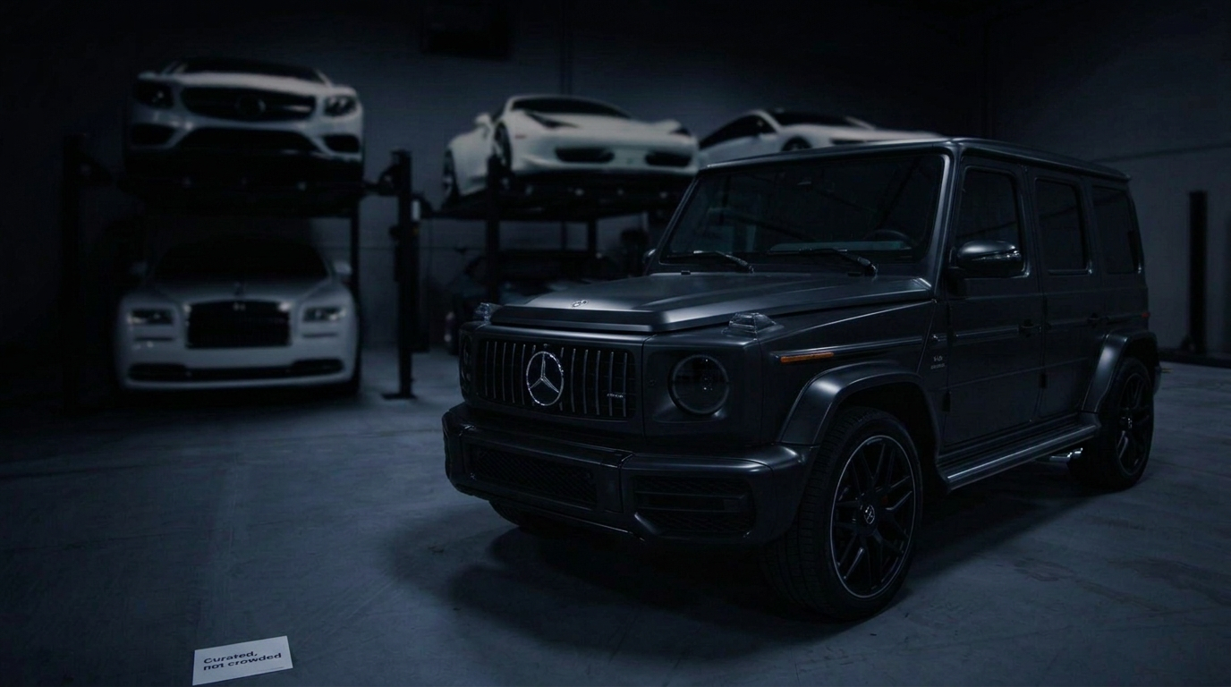 Matte black Mercedes-AMG G 63 parked in a private collector garage